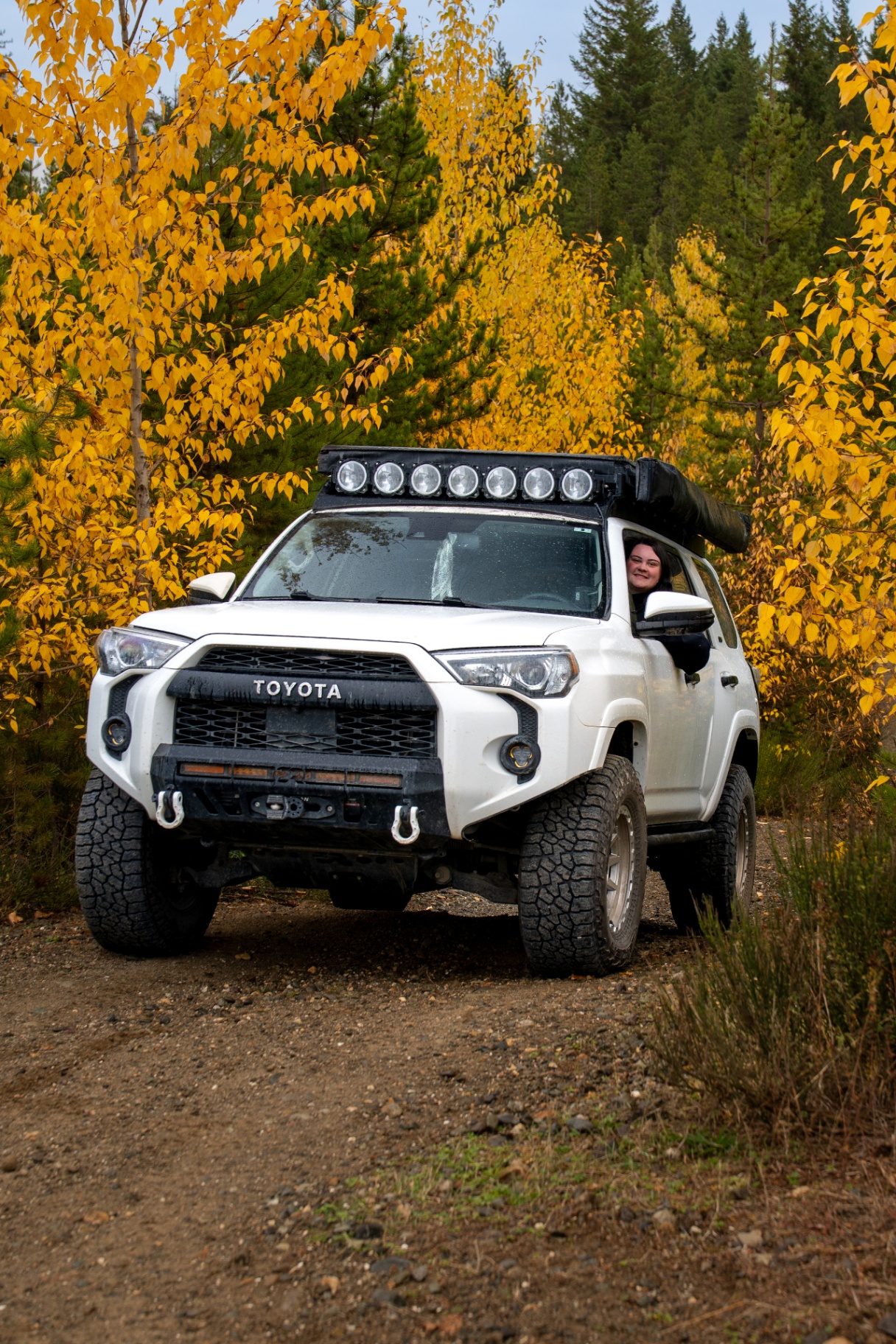 Marie in her Toyota 4Runner on a forest road in autumn