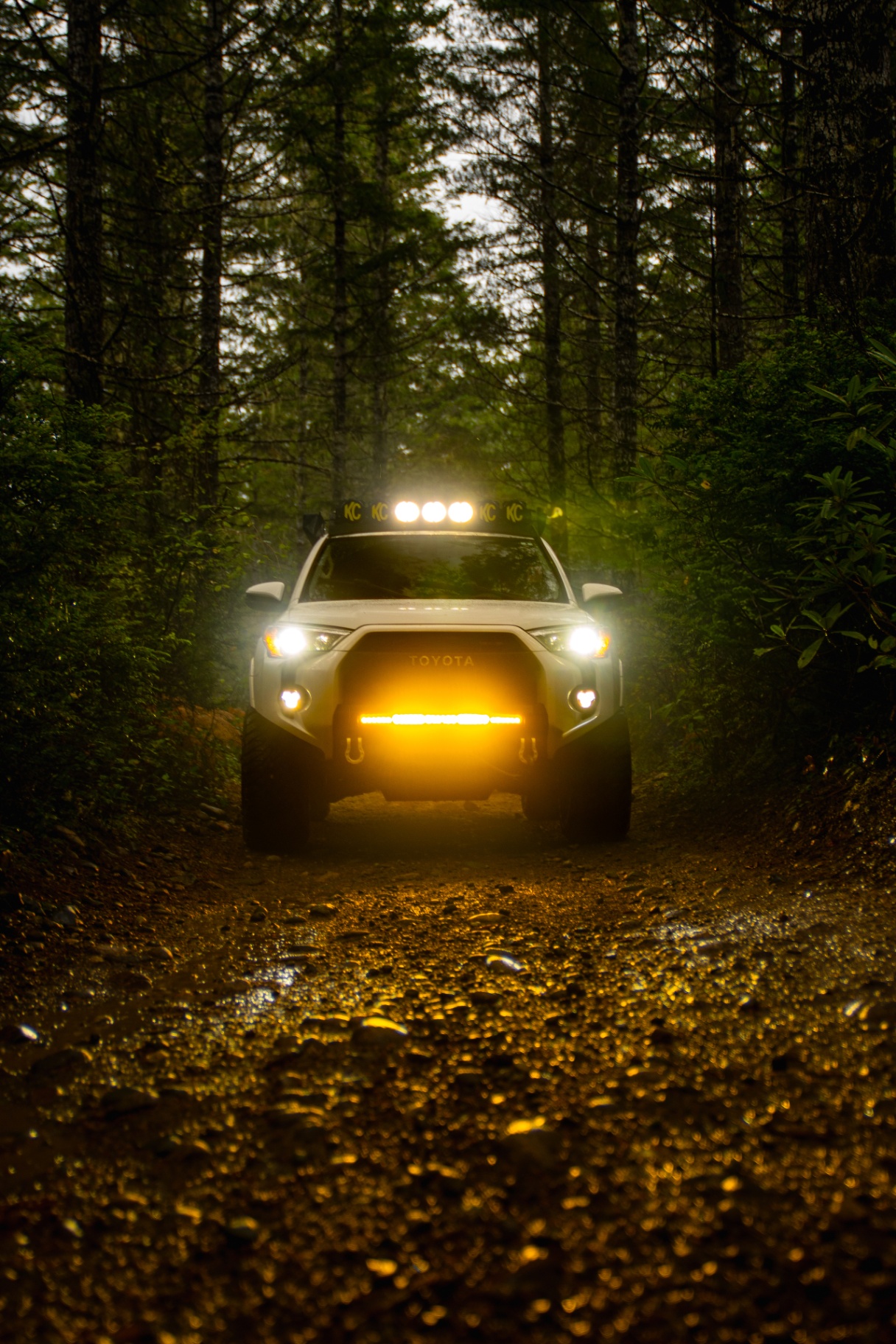 4Runner driving forest trail at dusk with amber light bar glowing