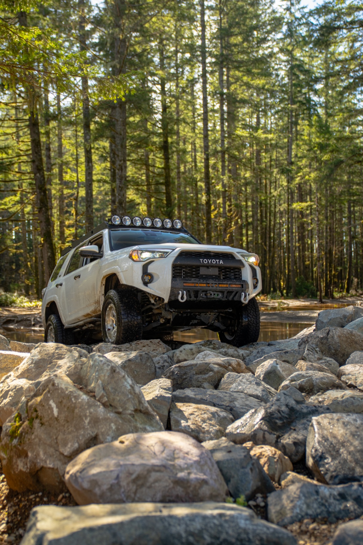 White 4Runner climbing over large rocks in forest